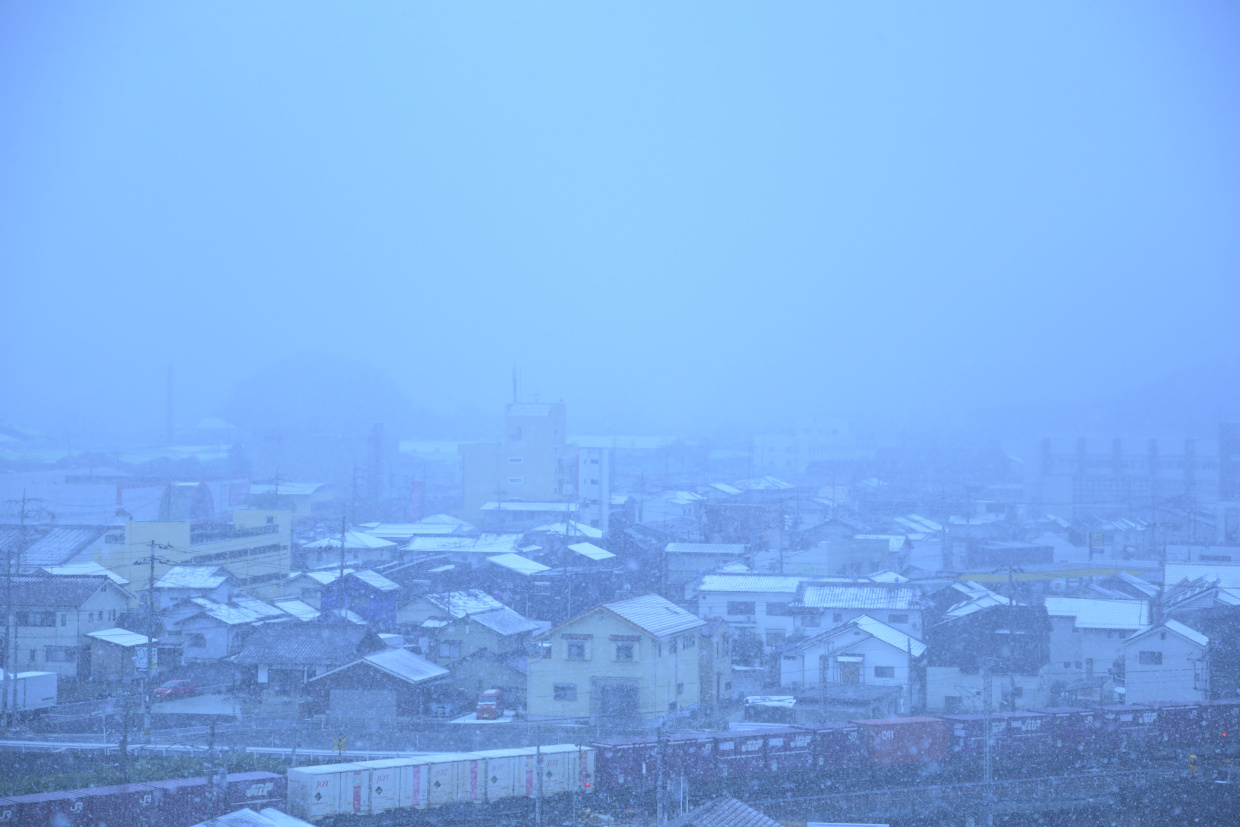 雪の永慶寺川を渡る貨物